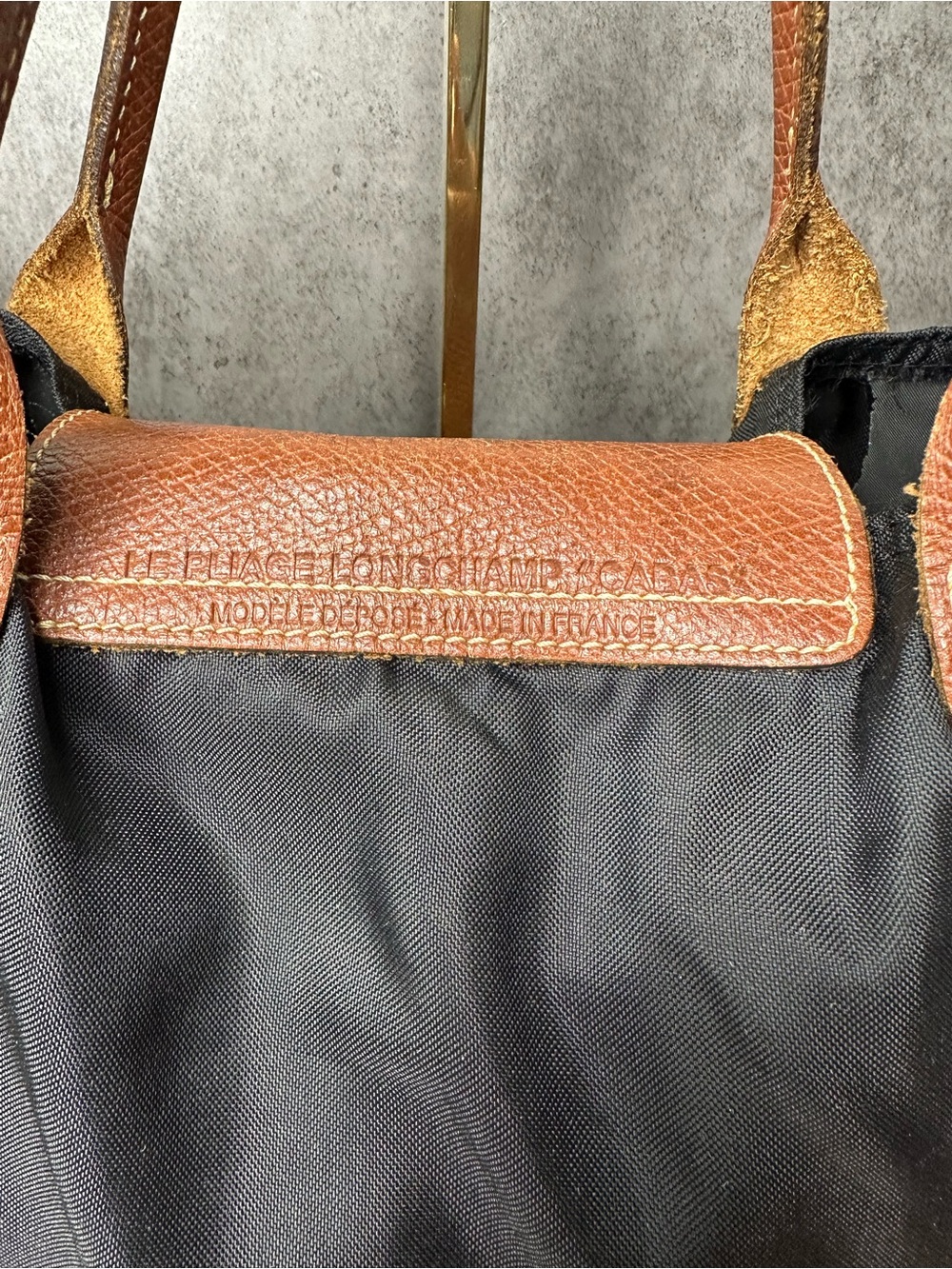 Longchamp Le Pliage Cabas Large Tote Bag Black Nylon Brown Leather France - Picture 3 of 7